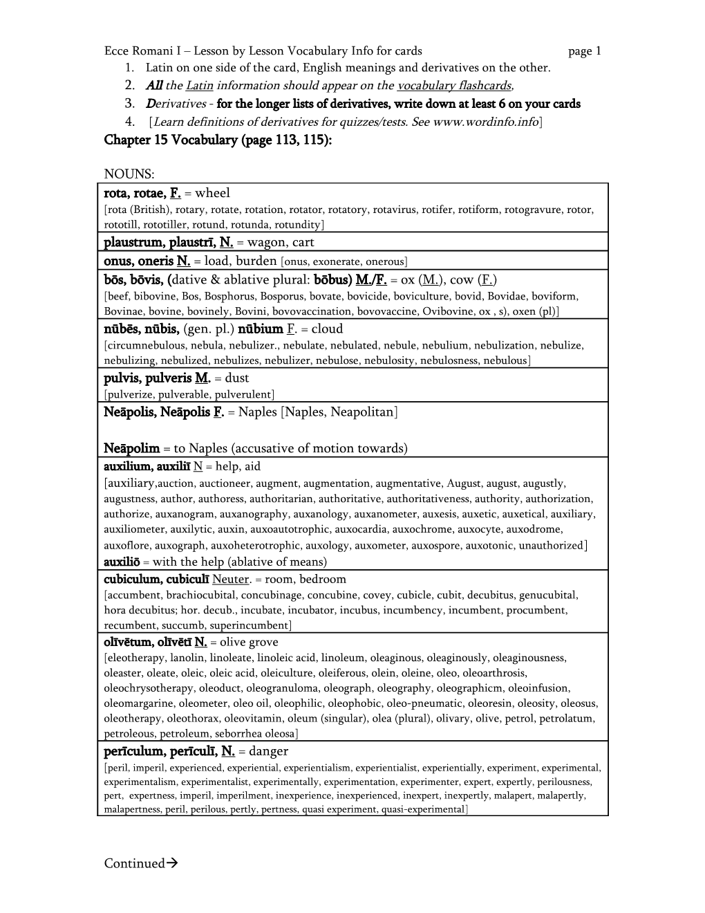 Ecce Romani I Lesson by Lesson Vocabulary Info for Cards Page 6