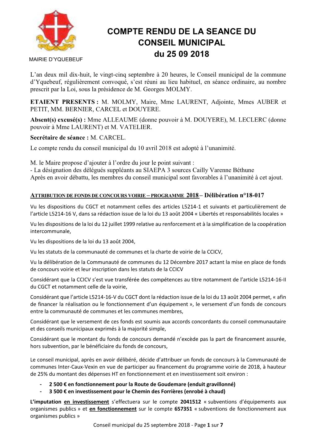 COMPTE RENDU DE LA SEANCE DU CONSEIL MUNICIPAL Du 25 09