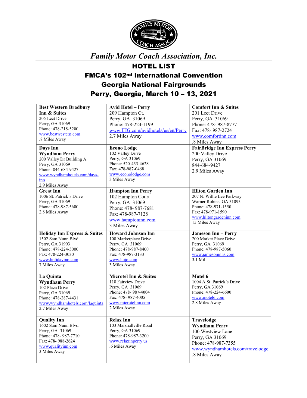 Family Motor Coach Association, Inc. HOTEL LIST FMCA’S 102Nd International Convention Georgia National Fairgrounds Perry, Georgia, March 10 – 13, 2021