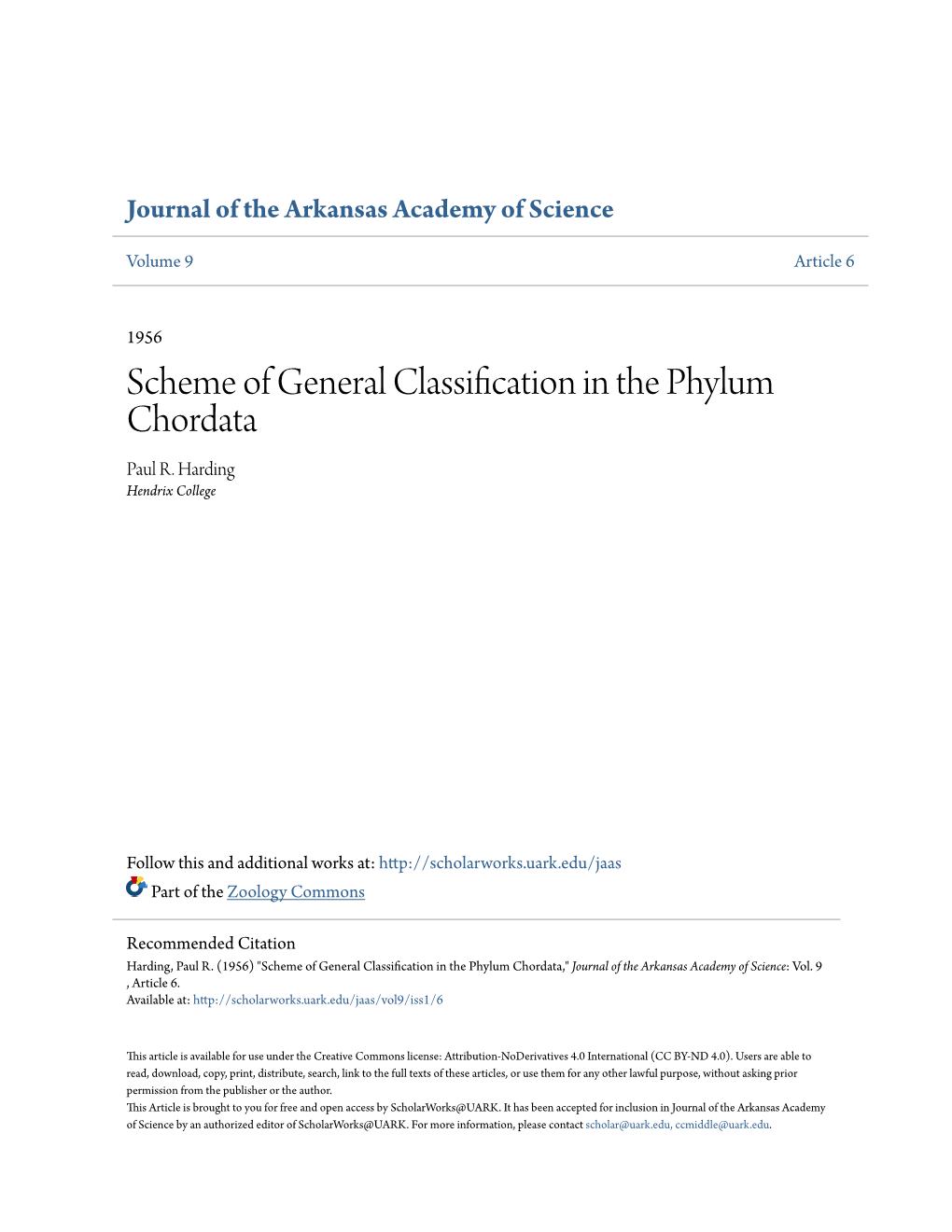 Scheme of General Classification in the Phylum Chordata Paul R