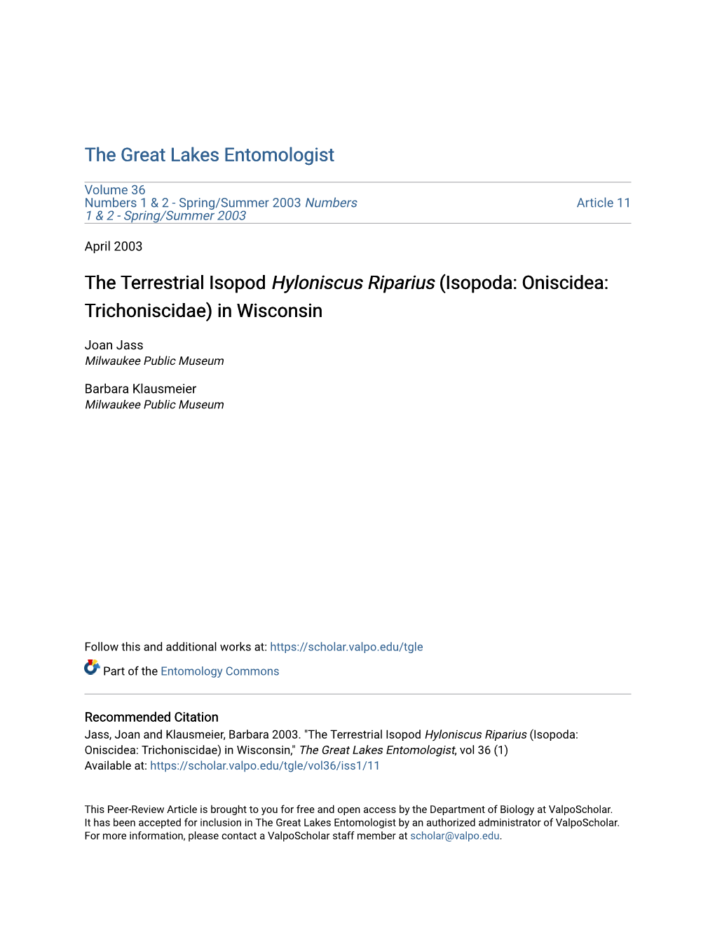 The Terrestrial Isopod Hyloniscus Riparius (Isopoda: Oniscidea: Trichoniscidae) in Wisconsin