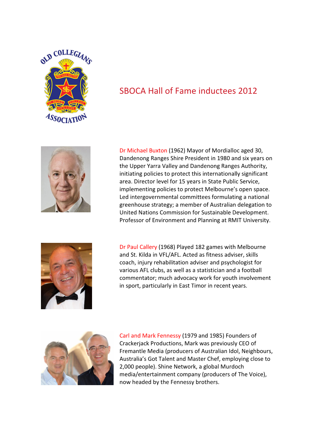 SBOCA Hall of Fame Inductees 2012
