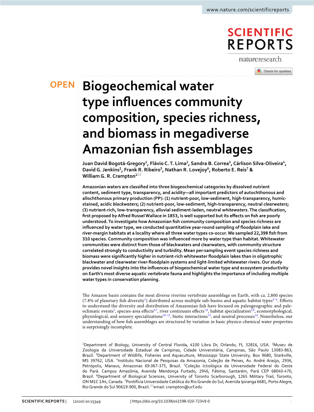 Biogeochemical Water Type Influences Community Composition, Species