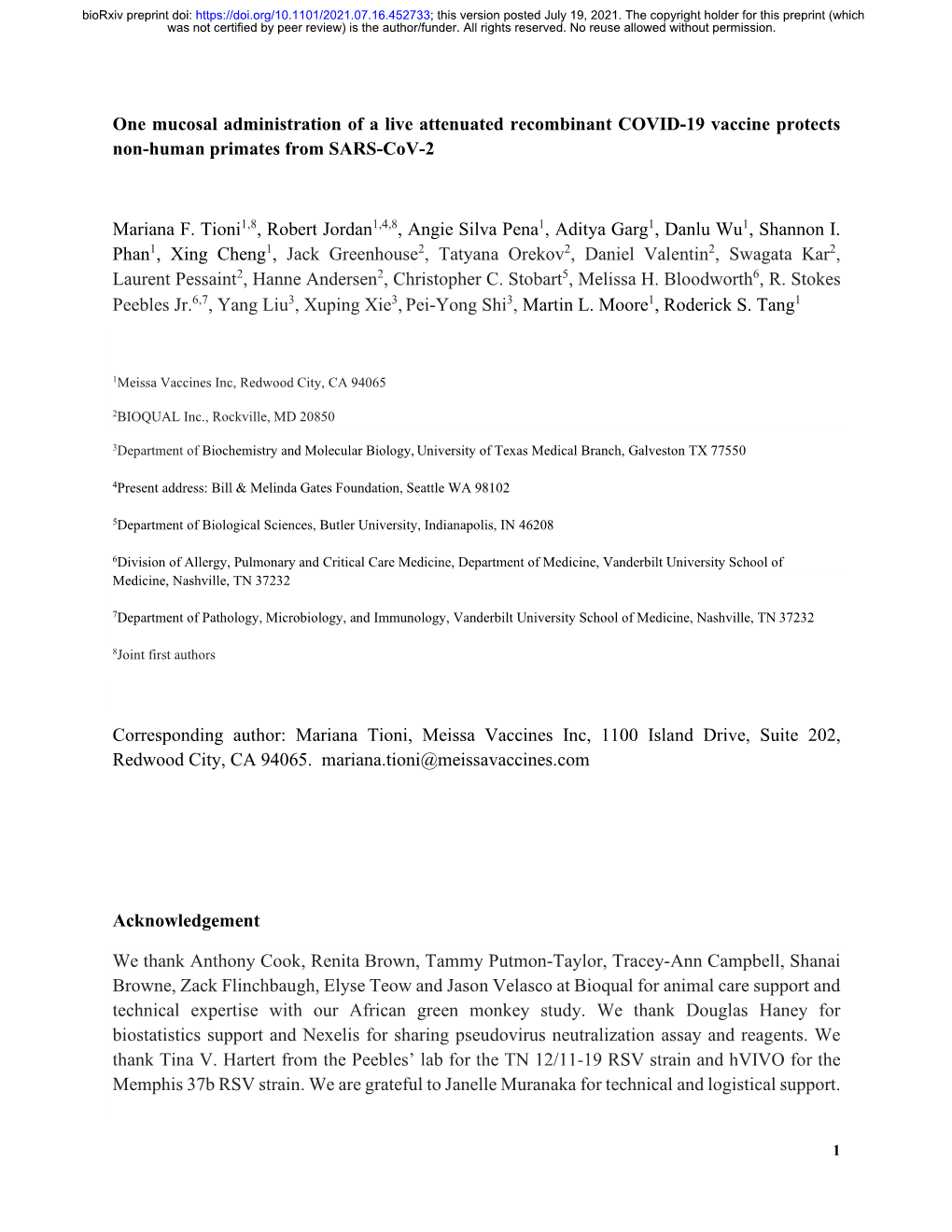 One Mucosal Administration of a Live Attenuated Recombinant COVID-19 Vaccine Protects Non-Human Primates from SARS-Cov-2