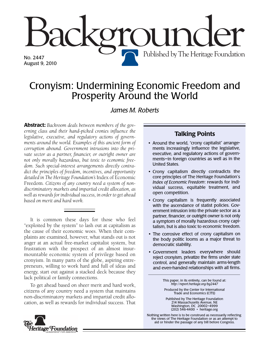 Cronyism: Undermining Economic Freedom and Prosperity Around the World James M