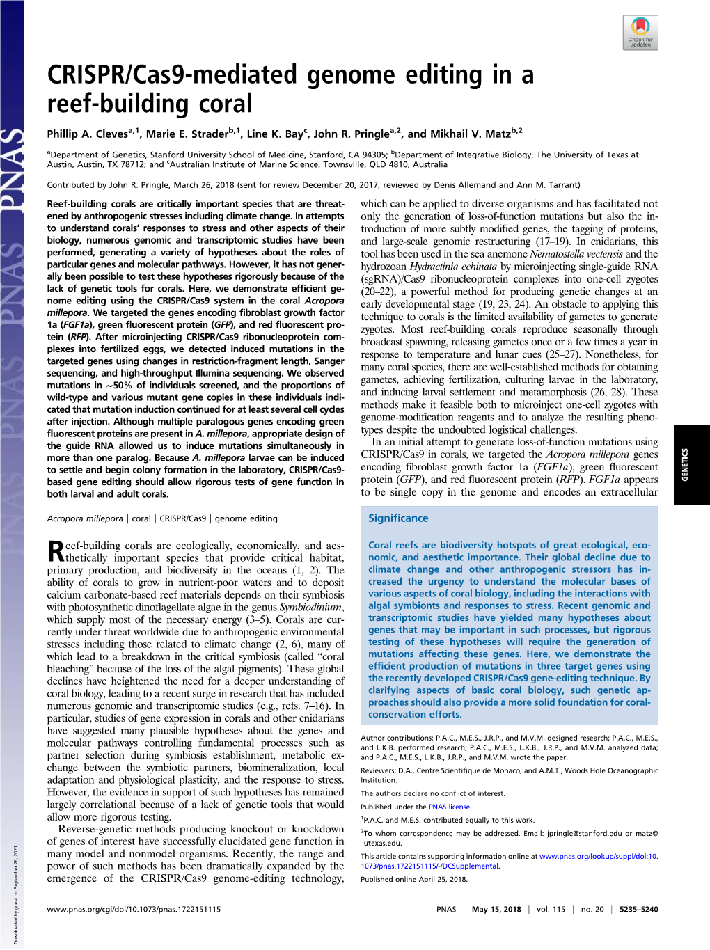 CRISPR/Cas9-Mediated Genome Editing in a Reef-Building Coral