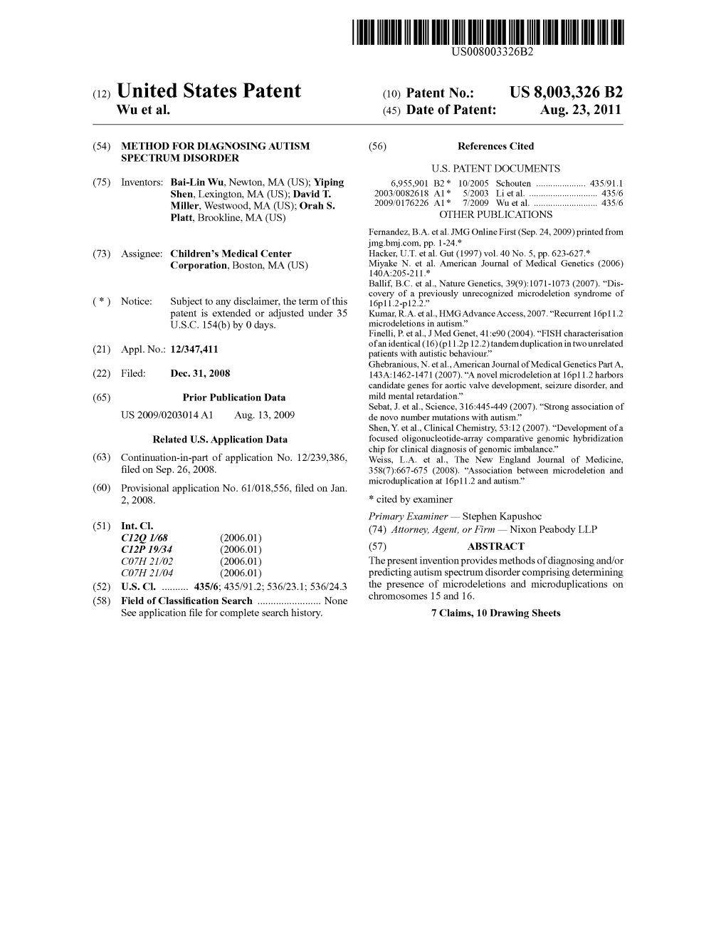 (12) United States Patent (10) Patent No.: US 8,003,326 B2 Wu Et Al