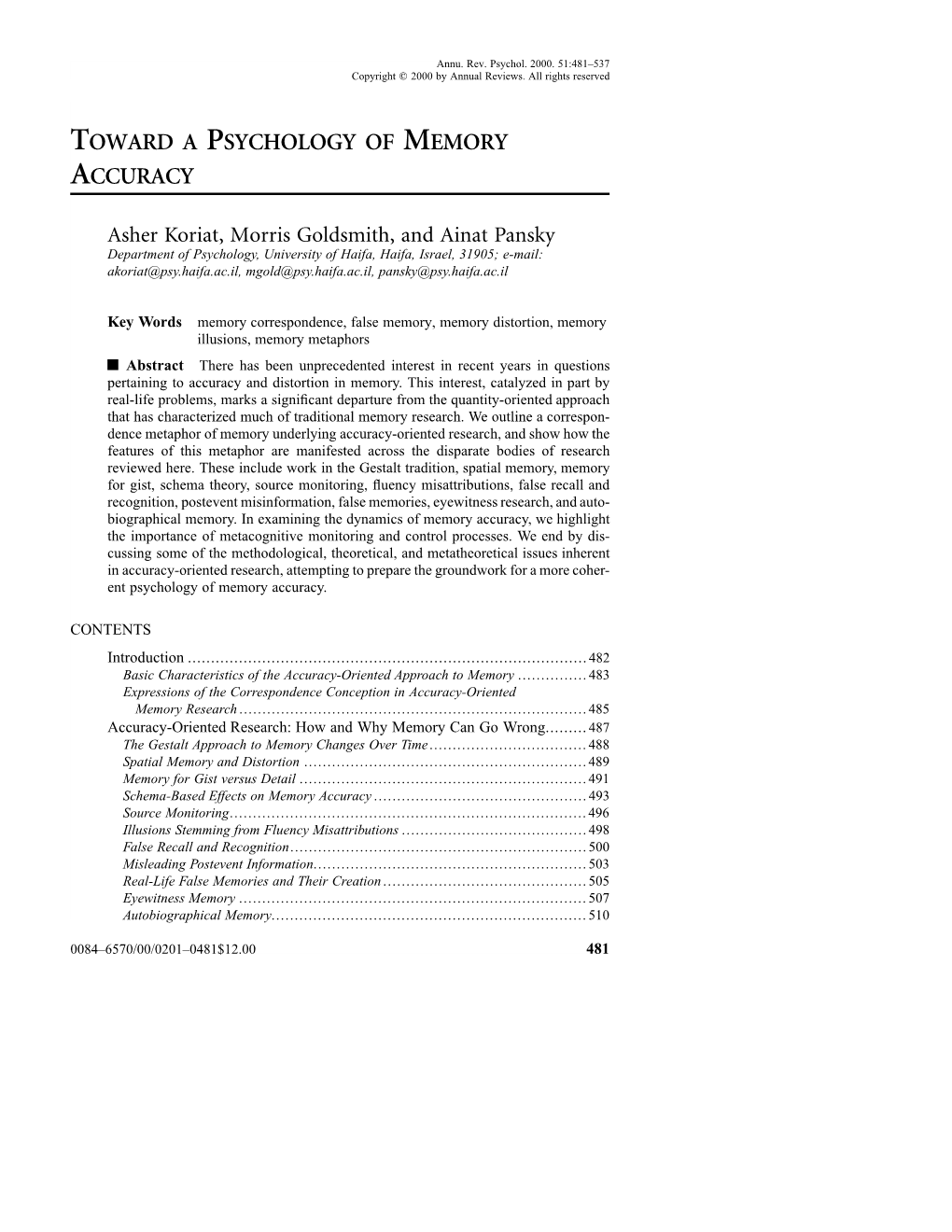 Toward a Psychology of Memory Accuracy