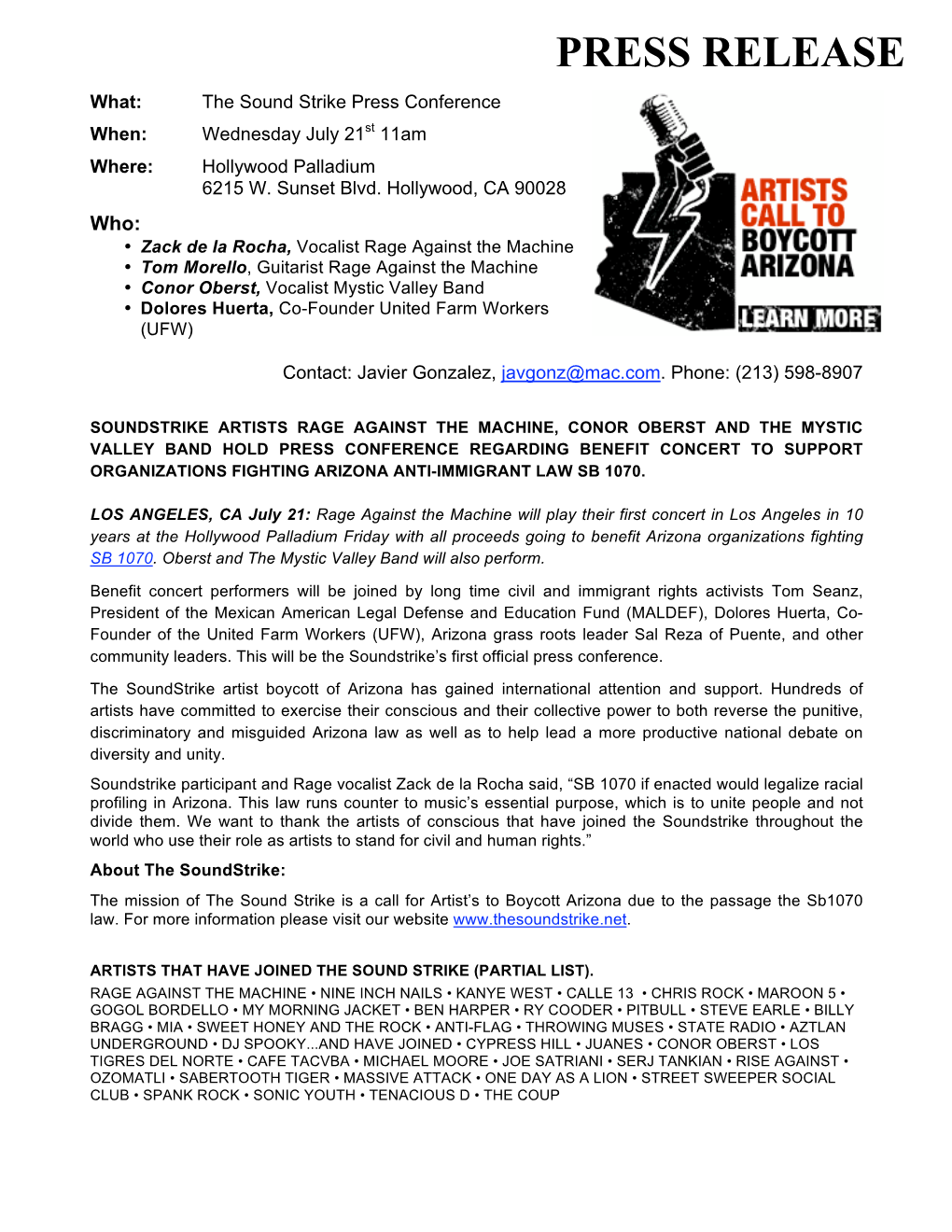 PRESS RELEASE What: the Sound Strike Press Conference