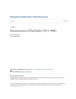 Reminiscences of Paul Erdös (1913-1996) Melvin Henriksen Harvey Mudd College