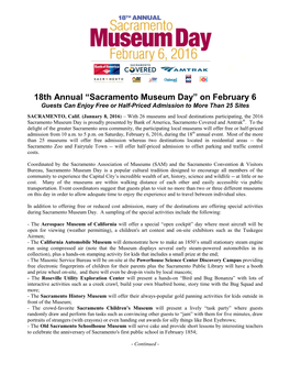 Sacramento Museum Day” on February 6 Guests Can Enjoy Free Or Half-Priced Admission to More Than 25 Sites