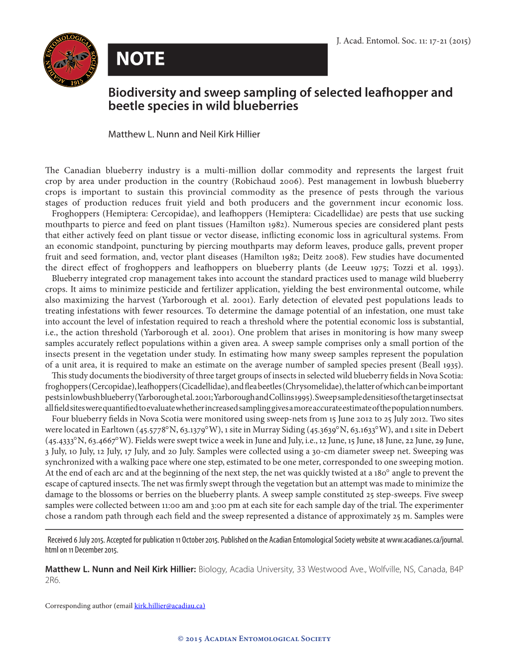 Biodiversity and Sweep Sampling of Selected Leafhopper and Beetle Species in Wild Blueberries