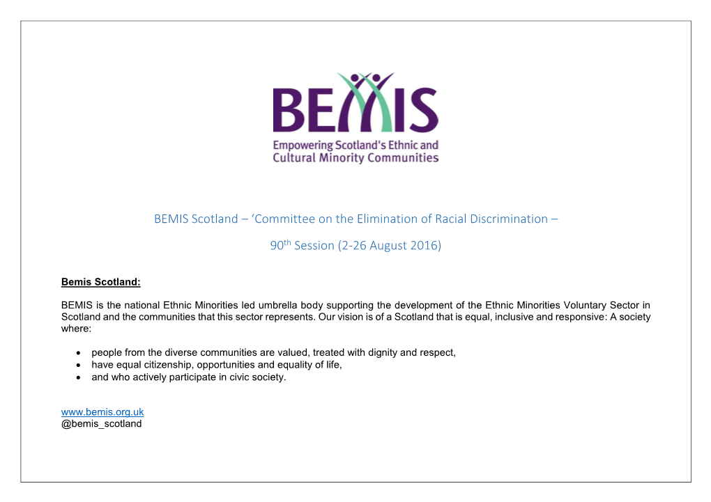 BEMIS Scotland – ‘Committee on the Elimination of Racial Discrimination – 90Th Session (2-26 August 2016)