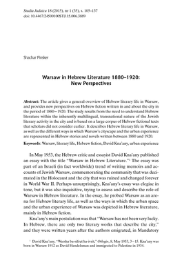 Warsaw in Hebrew Literature 1880–1920: New Perspectives