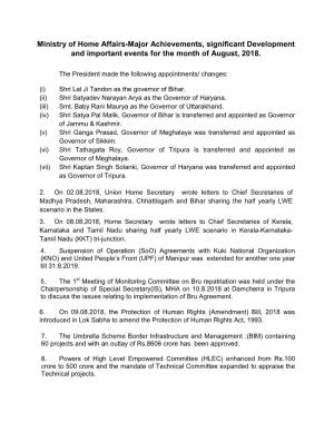 Ministry of Home Affairs-Major Achievements, Significant Development and Important Events for the Month of August, 2018
