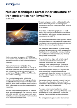 Nuclear Techniques Reveal Inner Structure of Iron Meteorities Non-Invasively 19 May 2016