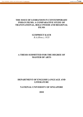 The Issue of Lesbianism in Contemporary Indian Films: a Comparative Study of Transnational, Bollywood and Regional Films