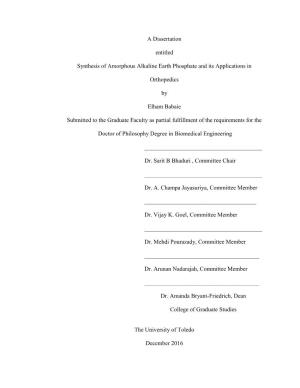 A Dissertation Entitled Synthesis of Amorphous Alkaline Earth