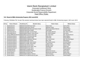 Islami Bank Bangladesh Limited Corporate Investment Wing Sustainable Finance Division Corporate Social Responsibility Department Head Office, Dhaka