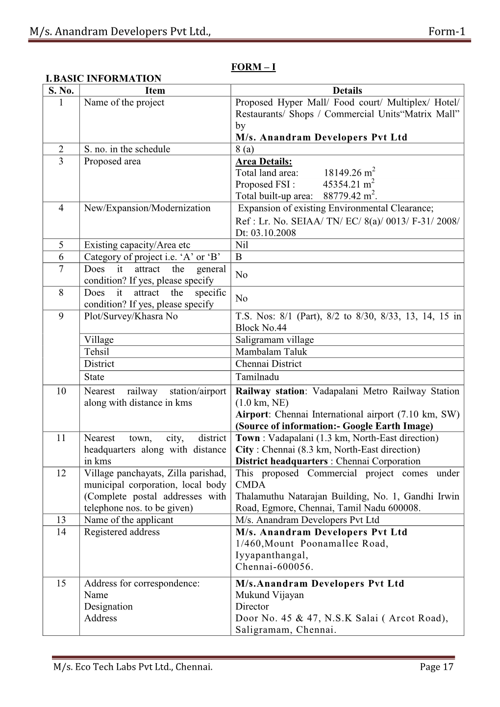 M/S. Anandram Developers Pvt Ltd., Form-1