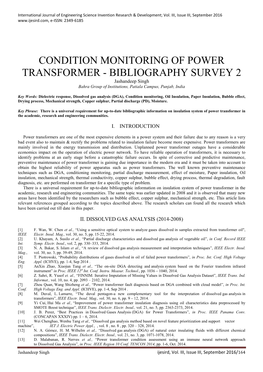 CONDITION MONITORING of POWER TRANSFORMER - BIBLIOGRAPHY SURVEY 2 Jashandeep Singh Bahra Group of Institutions, Patiala Campus, Punjab, India