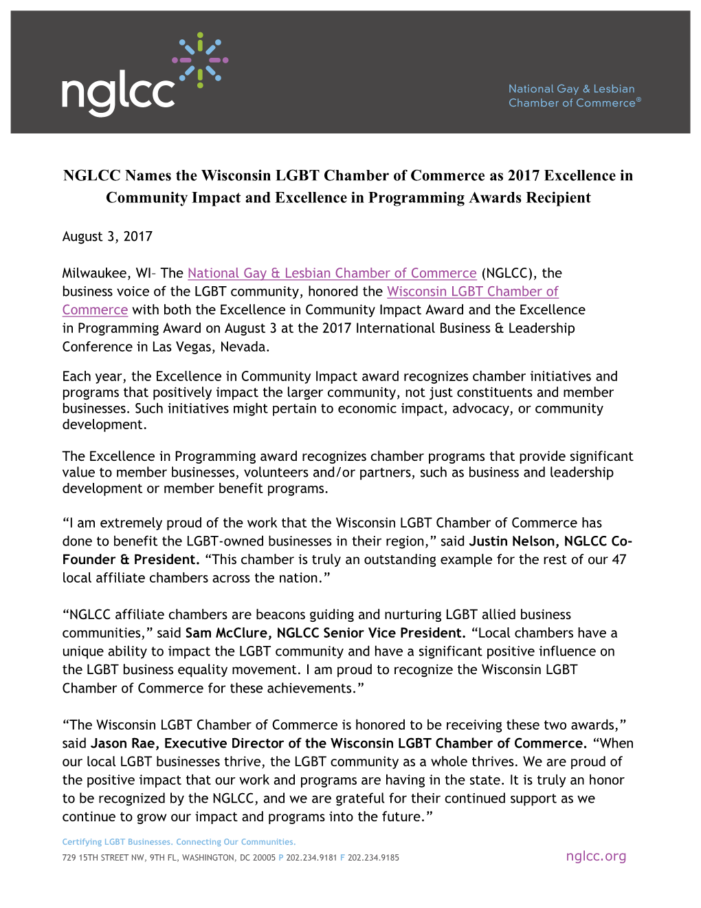 NGLCC Names the Wisconsin LGBT Chamber of Commerce As 2017 Excellence in Community Impact and Excellence in Programming Awards Recipient