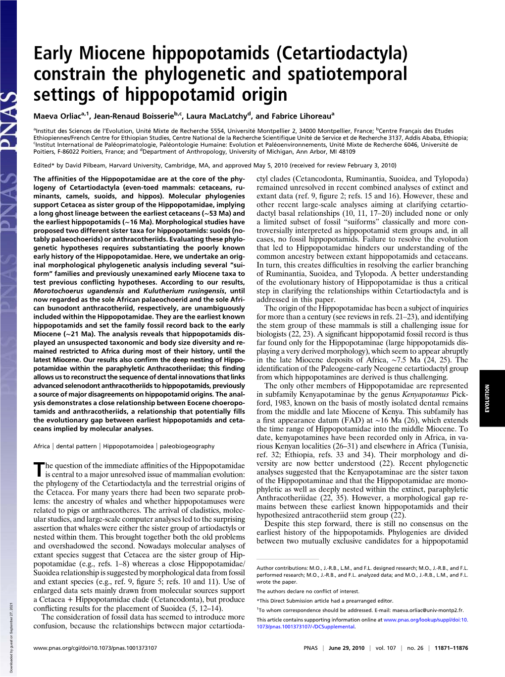 Early Miocene Hippopotamids (Cetartiodactyla) Constrain the Phylogenetic and Spatiotemporal Settings of Hippopotamid Origin