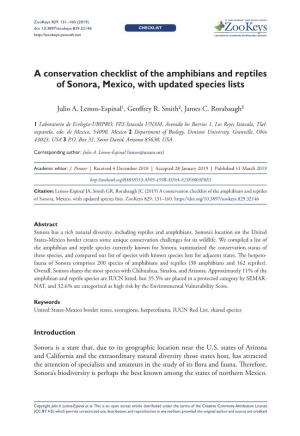 A Conservation Checklist of the Amphibians and Reptiles of Sonora, Mexico, with Updated Species Lists