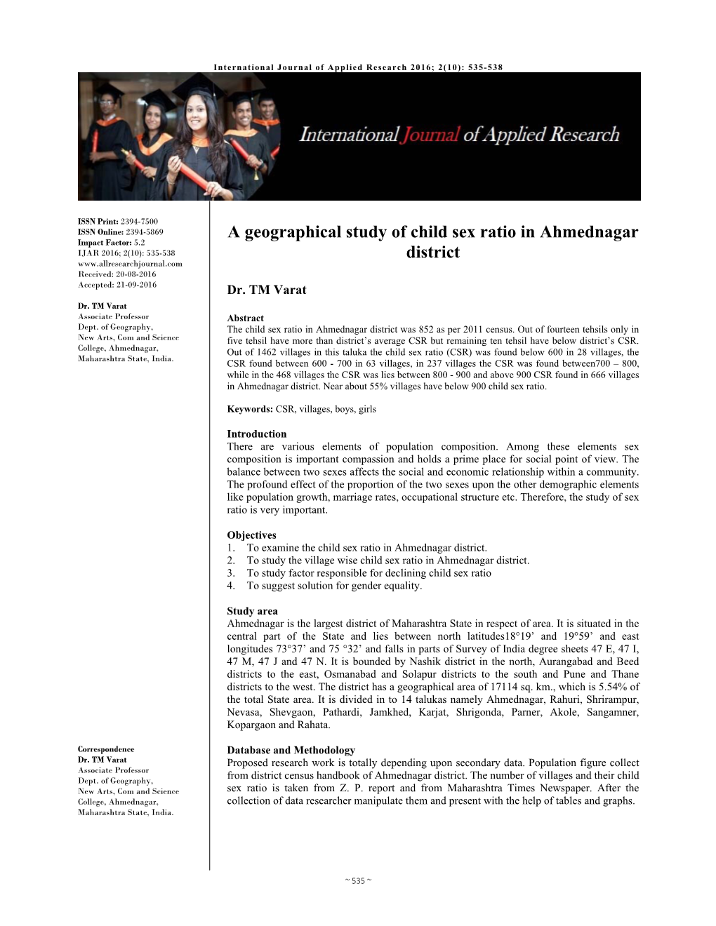 A Geographical Study of Child Sex Ratio in Ahmednagar District