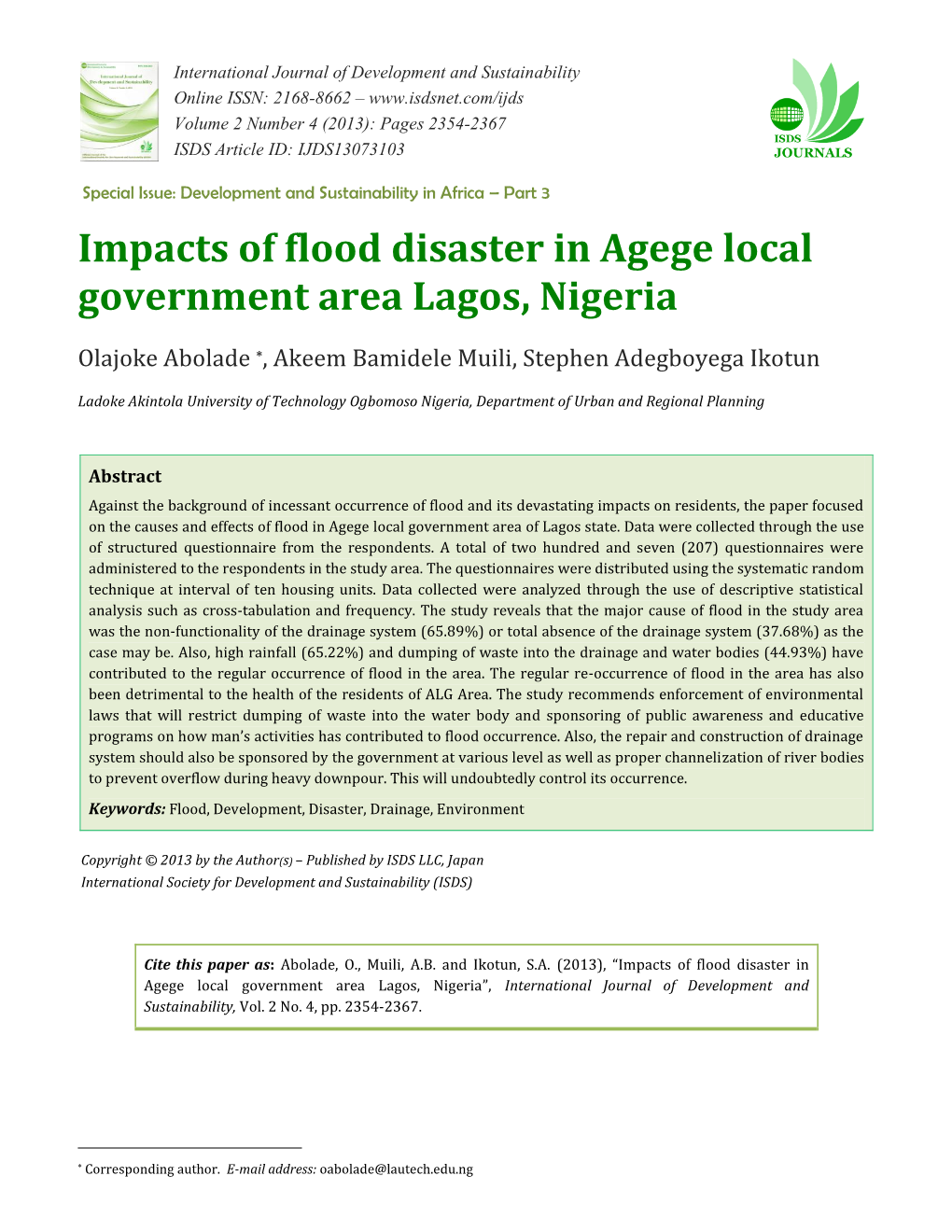 Impacts of Flood Disaster in Agege Local Government Area Lagos, Nigeria
