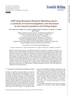 IODP Deep Biosphere Research Workshop Report – a Synthesis of Recent Investigations, and Discussion of New Research Questions and Drilling Targets