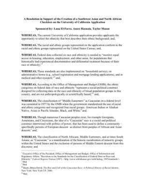 A Resolution in Support of the Creation of a Southwest Asian and North African Checkbox on the University of California Application