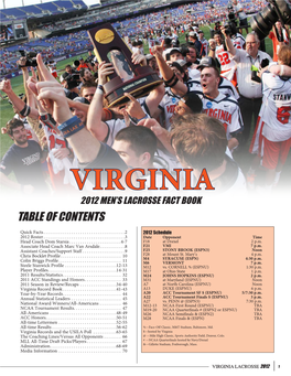 Virginia 2012 Men’S Lacrosse Fact Book Table of Contents