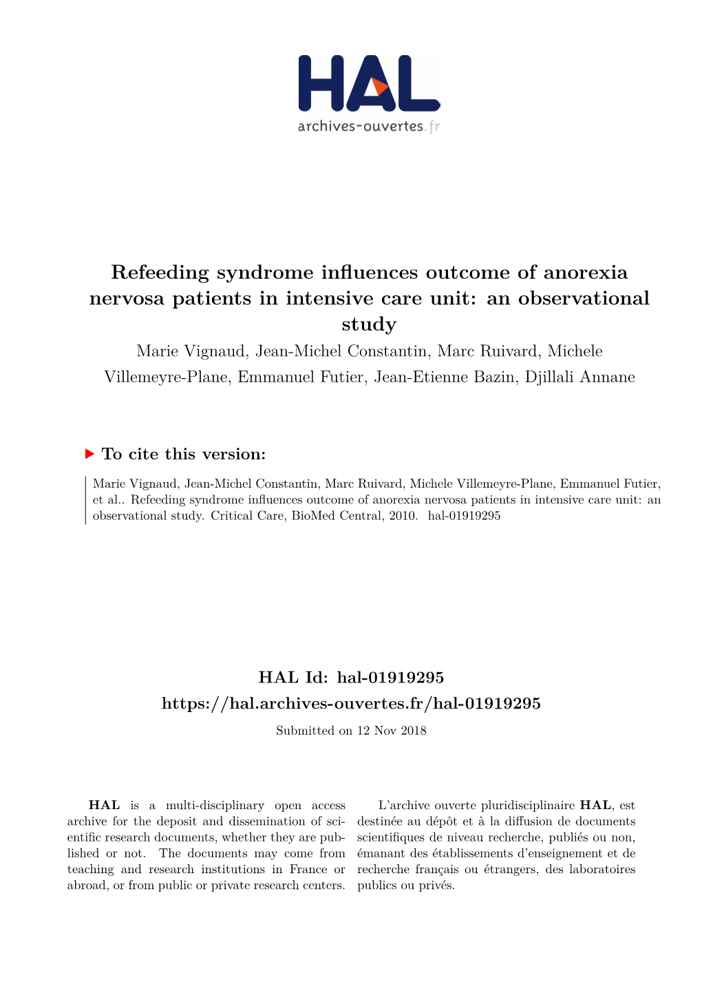 Refeeding Syndrome Influences Outcome of Anorexia Nervosa