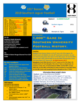 1,000Th Game in Southern University Football History. the Jaguars’ Record in That Span Is 605-364-30 in 101 Years of Jaguar Football