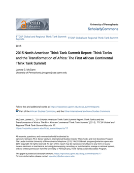 2015 North American Think Tank Summit Report: Think Tanks and the Transformation of Africa: the First African Continental Think Tank Summit