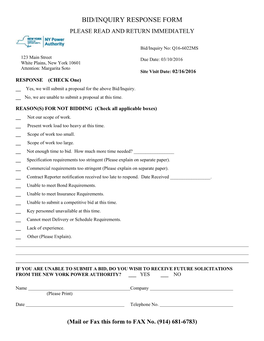 Bid/Inquiry Response Form Please Read and Return Immediately