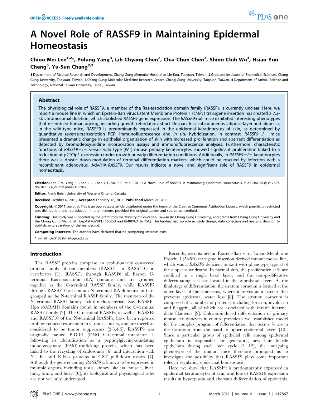 A Novel Role of RASSF9 in Maintaining Epidermal Homeostasis