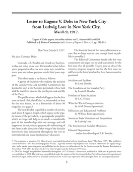 Letter to Eugene V. Debs in New York City from Ludwig Lore in New York City, March 9, 1917