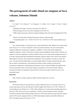 The Petrogenesis of Sodic Island Arc Magmas at Savo Volcano, Solomon Islands