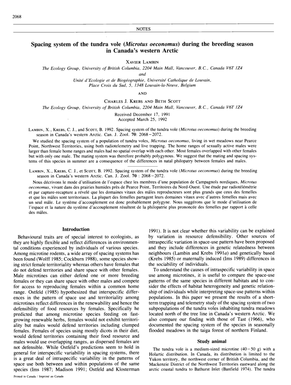 Spacing System of the Tundra Vole (Microtus Oeconomus) During the Breeding Season in Canada's Western Arctic