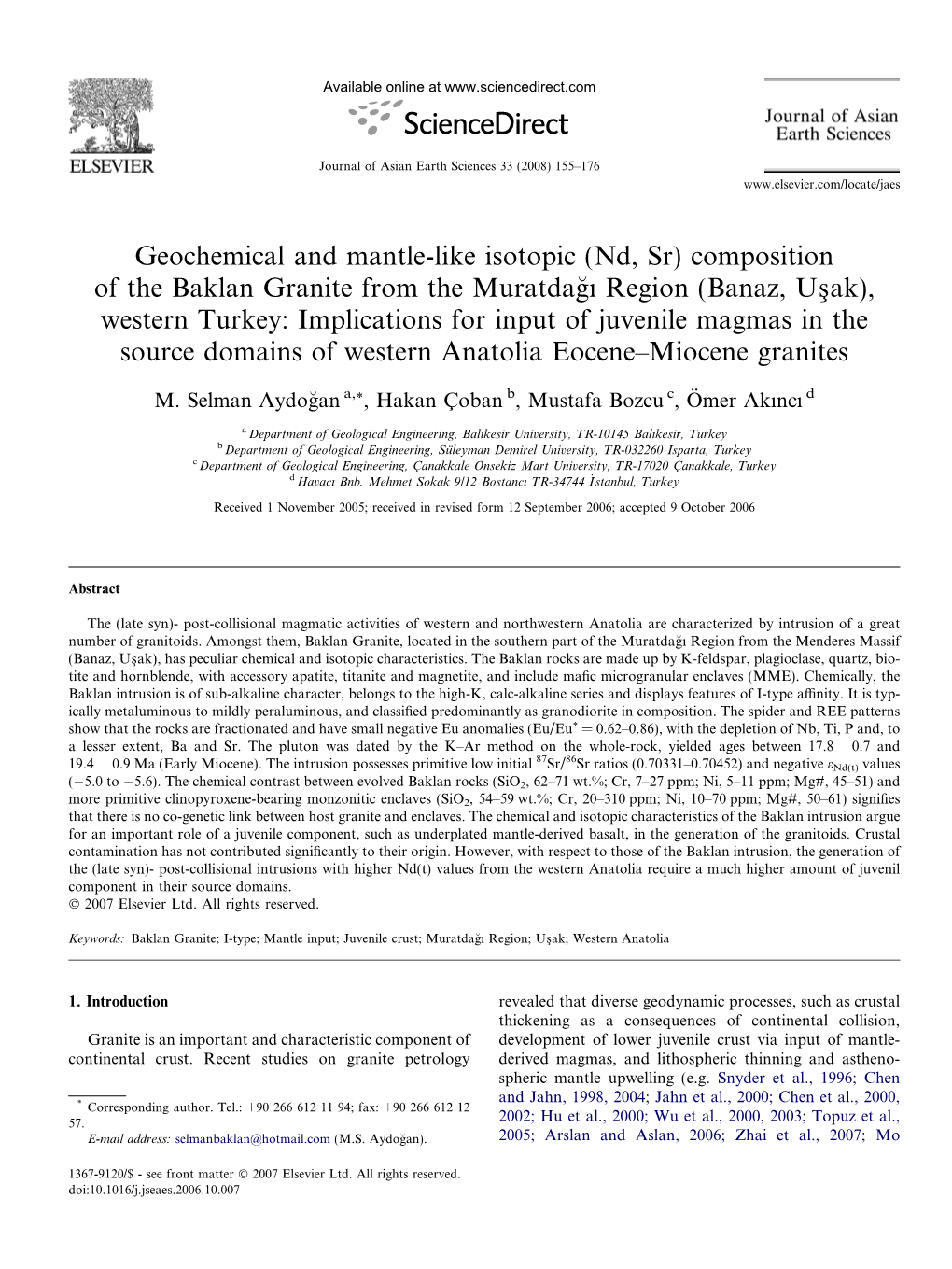 Geochemical and Mantle-Like Isotopic (Nd, Sr) Composition of the Baklan