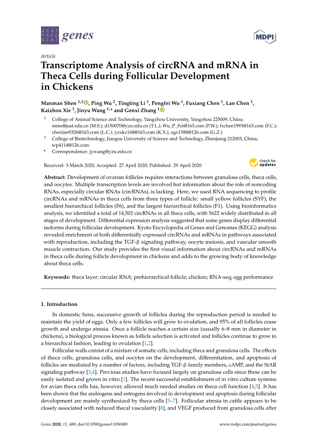 Transcriptome Analysis of Circrna and Mrna in Theca Cells During Follicular Development in Chickens