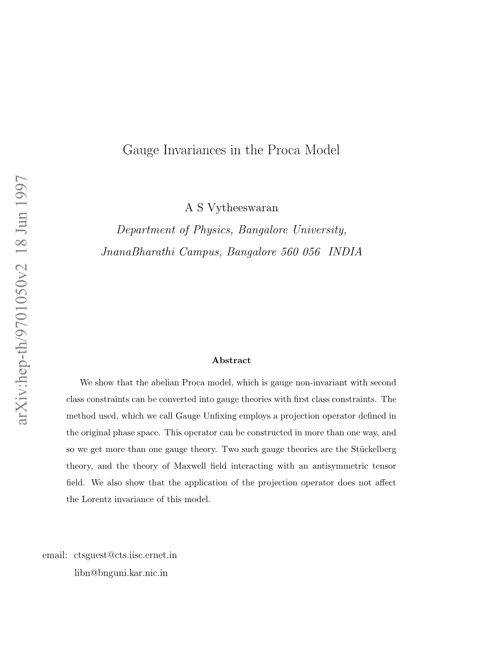 Gauge Invariances in the Proca Model