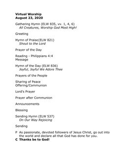 Virtual Worship August 23, 2020 Gathering Hymn (ELW 835, Vv. 1, 4