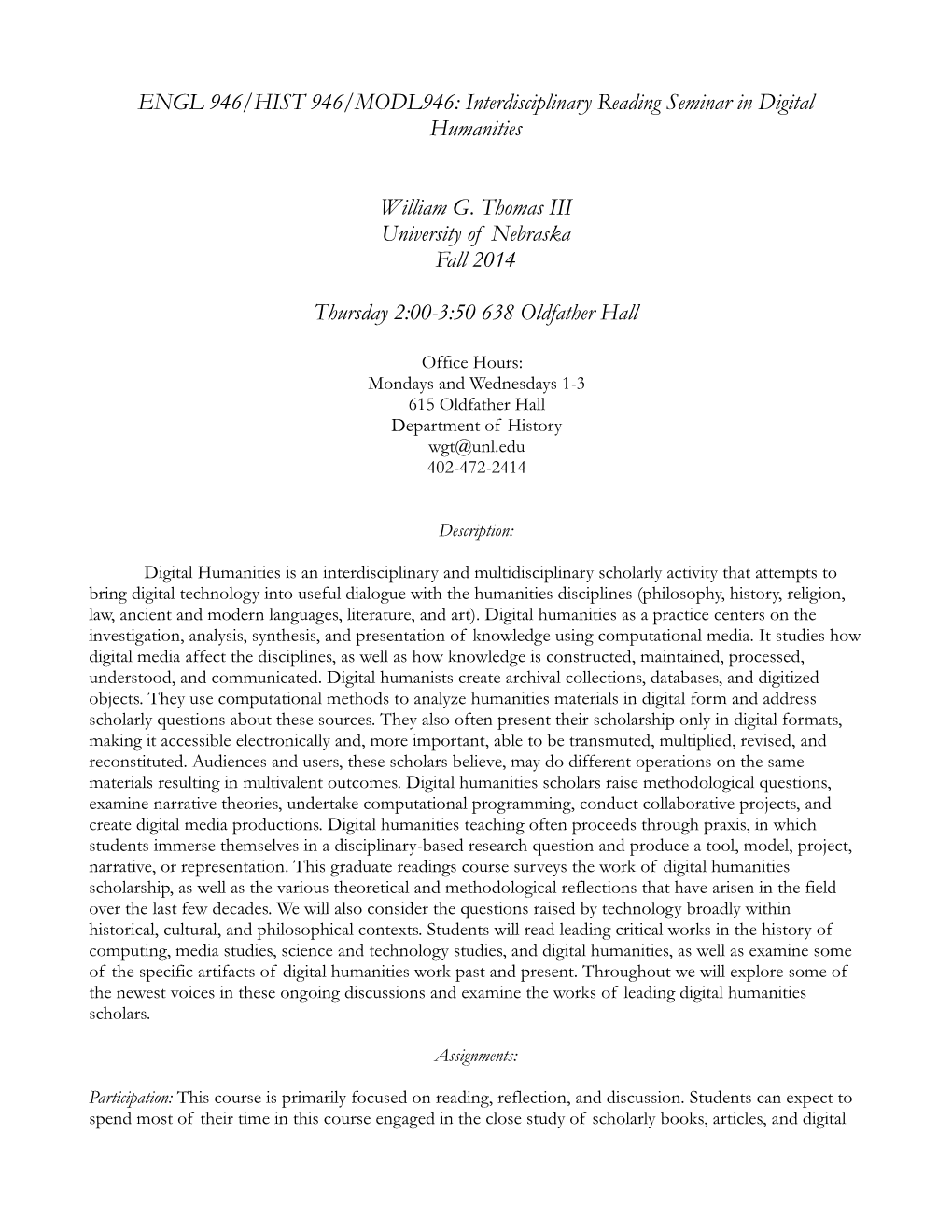 HIST 946 Graduate Interdisciplinary Seminar in Digital Humanities
