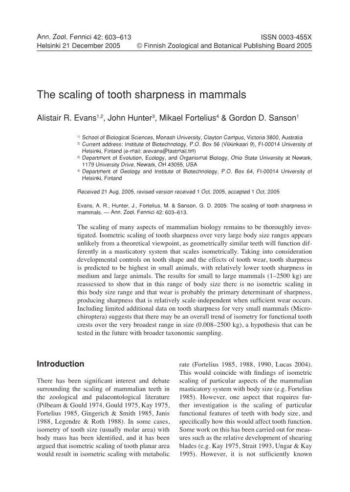 The Scaling of Tooth Sharpness in Mammals