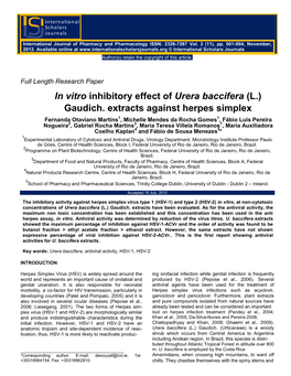 In Vitro Inhibitory Effect of Urera Baccifera (L.) Gaudich. Extracts Against Herpes Simplex