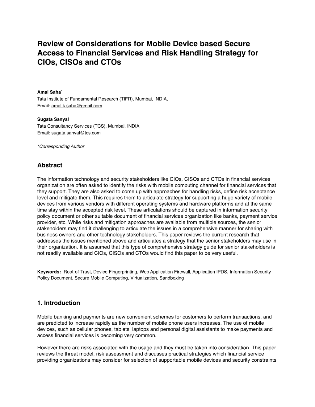 Review of Considerations for Mobile Device Based Secure Access to Financial Services and Risk Handling Strategy for Cios, Cisos