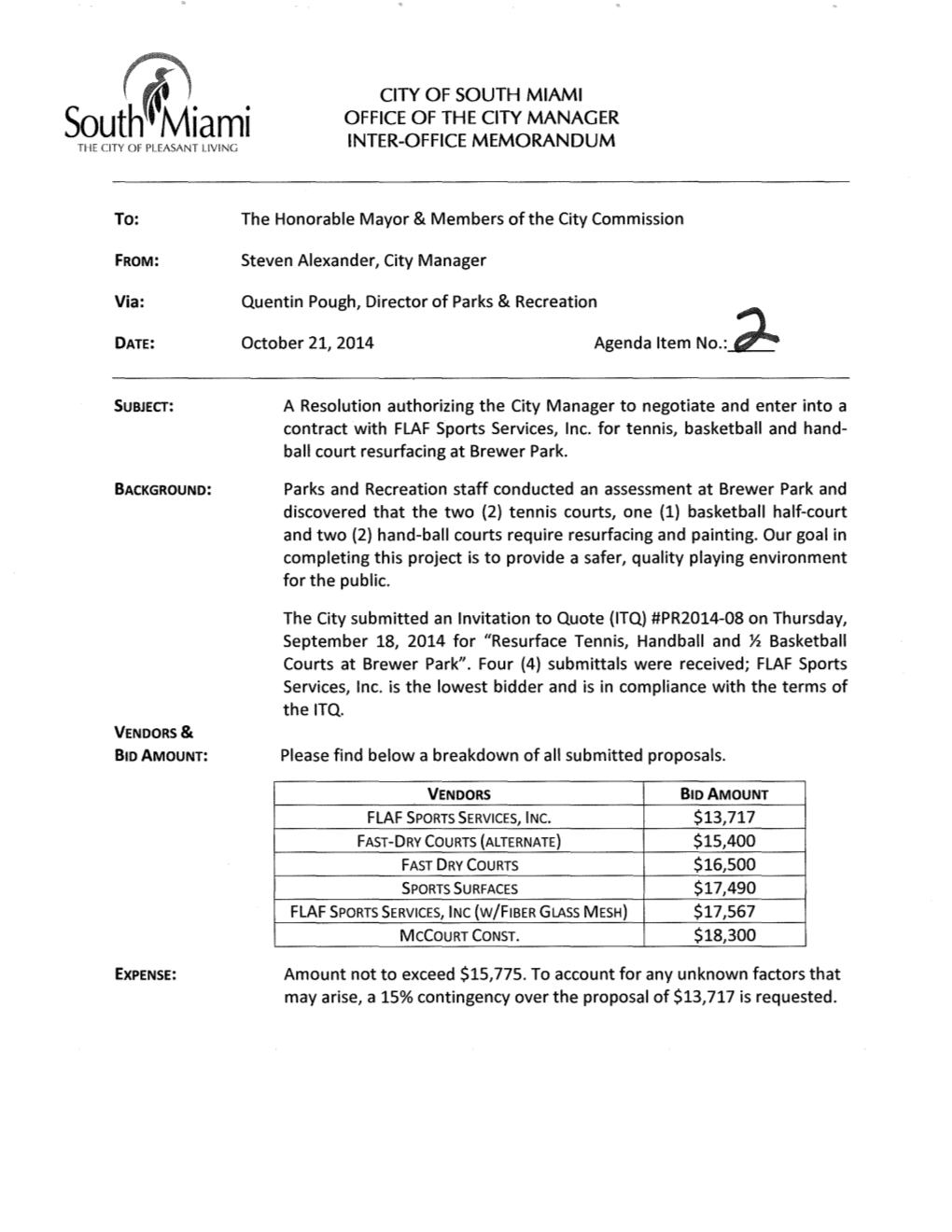 City of South Miami Office of the City Manager Inter-Office Memorandum